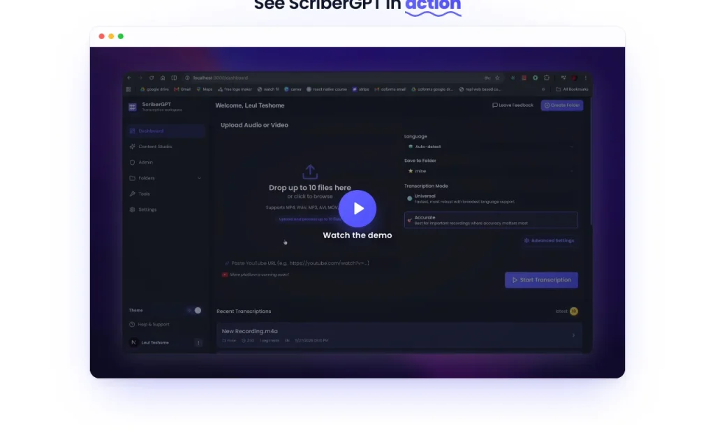 ScriberGPT homepage — screenshot of the audio & voice AI tool, Oct 1, 2026