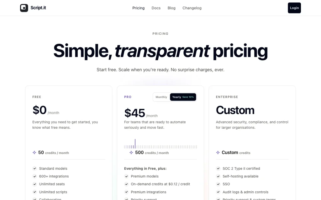 Script.it pricing page with plans and prices — screenshot of the productivity & writing AI tool, Oct 1, 2026