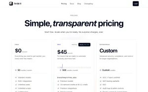 Script.it pricing page with plans and prices — screenshot of the productivity & writing AI tool, 2026-10-01