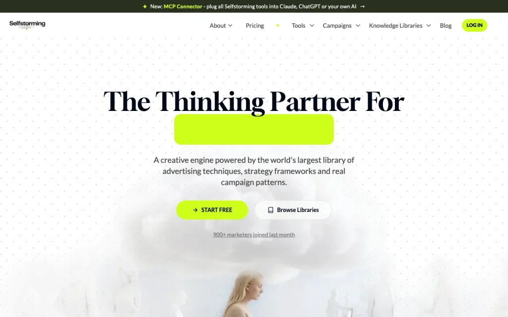 Captura de la página de inicio de Selfstorming, herramienta de IA productividad y escritura