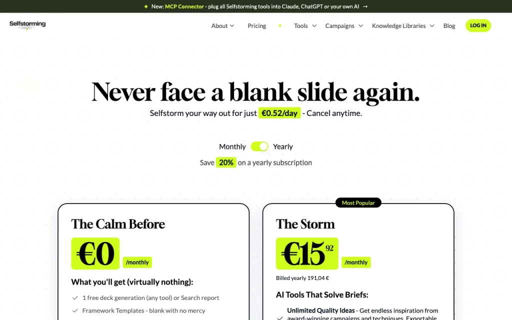 Selfstorming página de precios con planes y precios — captura de pantalla de la herramienta de IA productividad y escritura, Oct 2, 2026
