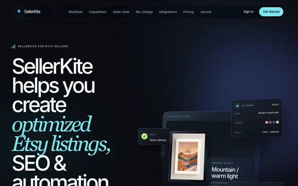 SellerKite homepage screenshot, productivity & writing AI tool