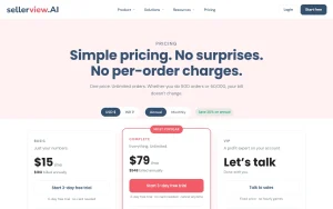 Sellerview.ai pricing page homepage screenshot, productivity & writing AI tool