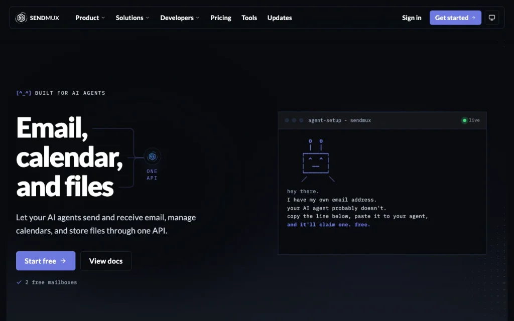 Sendmux homepage — screenshot of the productivity & writing AI tool, Oct 1, 2026