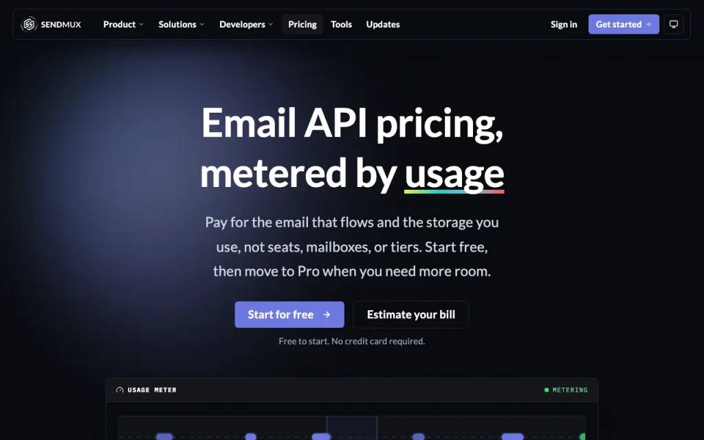 Sendmux página de precios con planes y precios — captura de pantalla de la herramienta de IA productividad y escritura, Oct 1, 2026