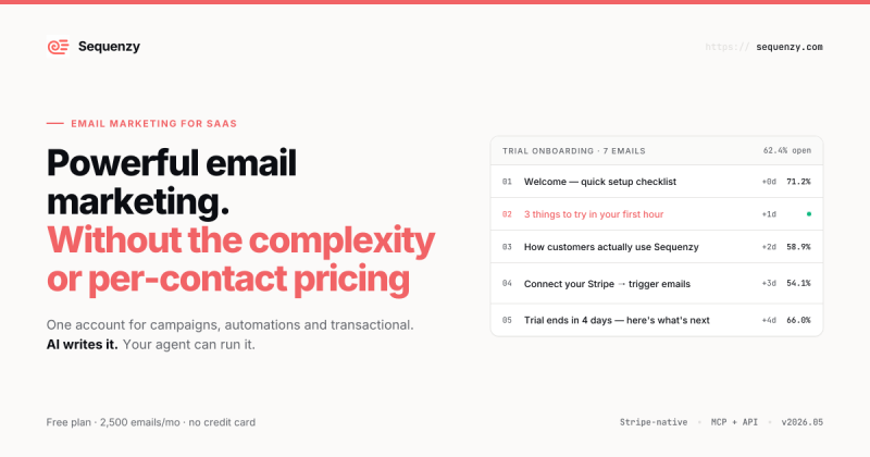 Sequenzy homepage screenshot, productivity & writing AI tool