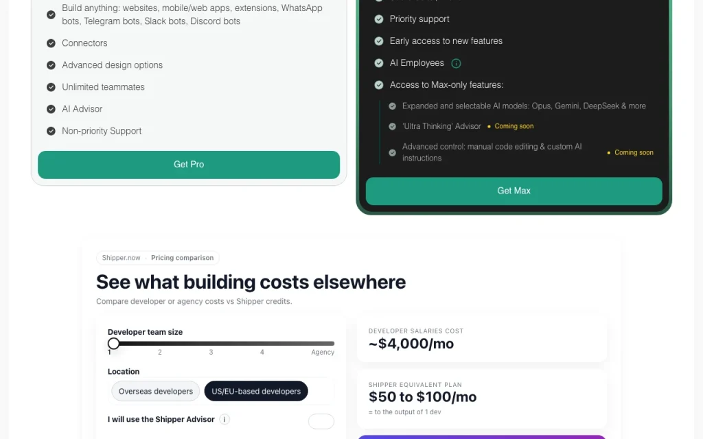 Shipper.now pricing page with plans and prices — screenshot of the coding AI tool, Oct 2, 2026