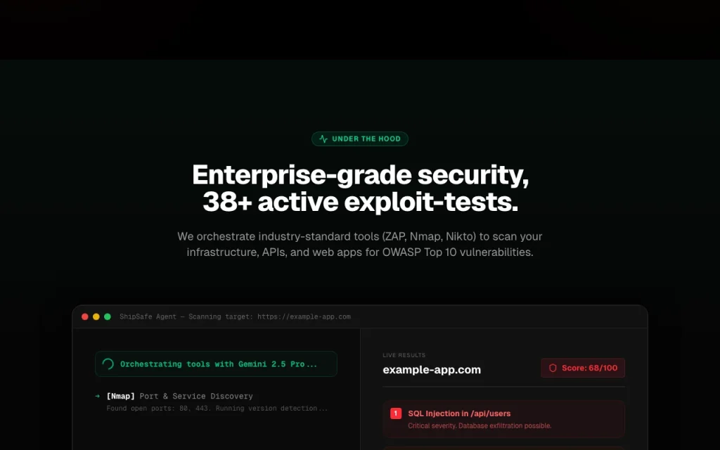 ShipSafe homepage — screenshot of the coding AI tool, Oct 2, 2026
