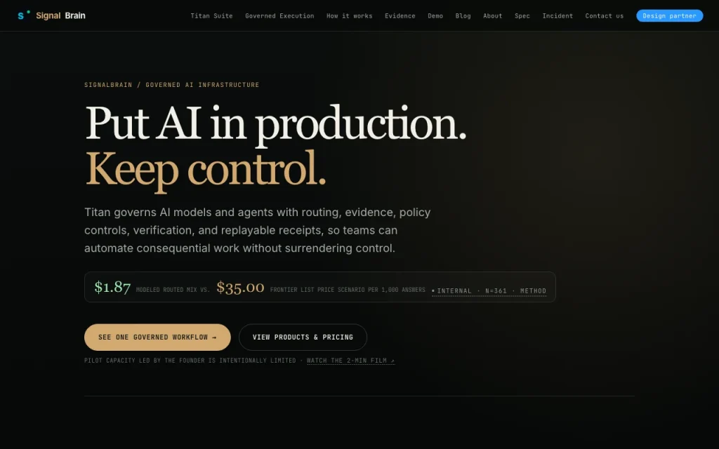 SignalBrain (Titan suite) homepage screenshot, coding AI tool
