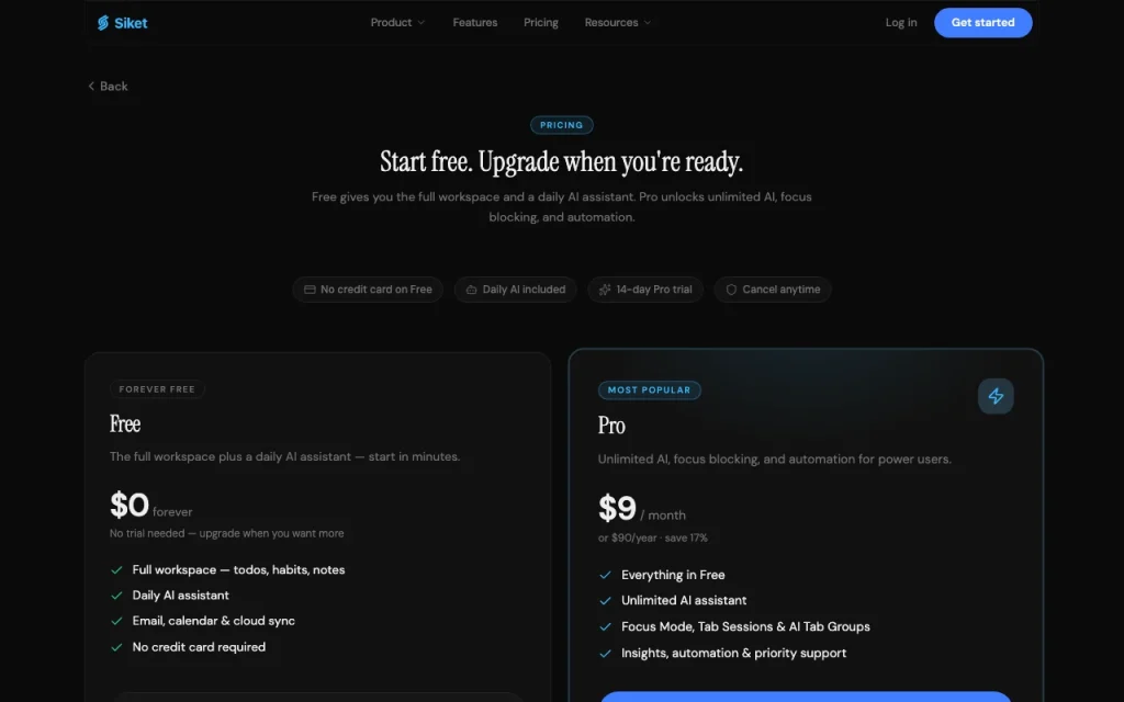 Siket pricing page with plans and prices — screenshot of the productivity & writing AI tool, Oct 1, 2026