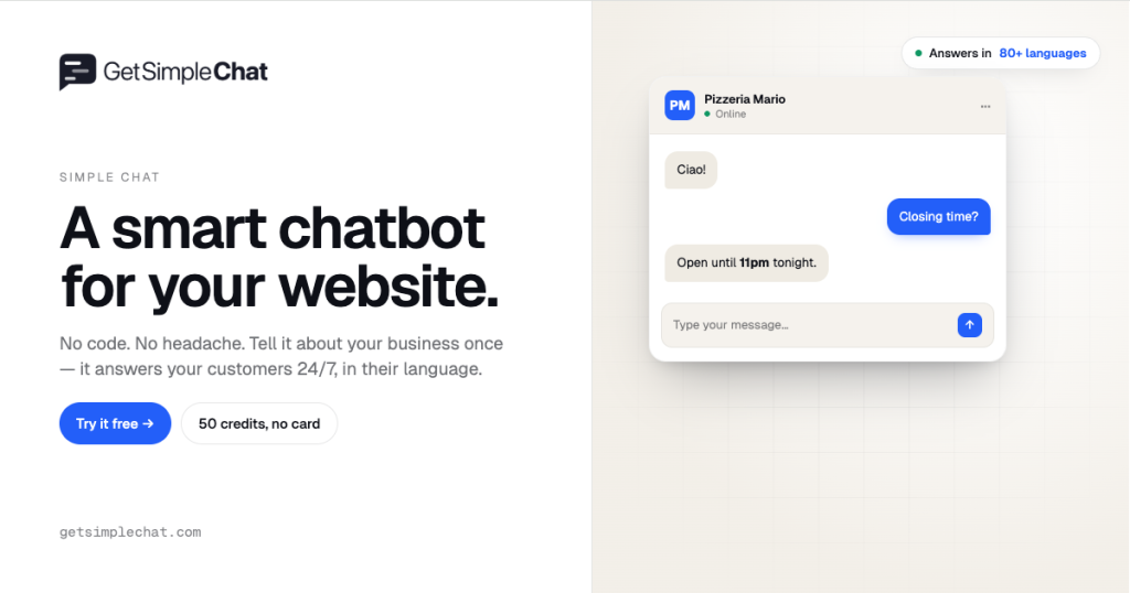 Simple Chat homepage screenshot, chat assistants AI tool
