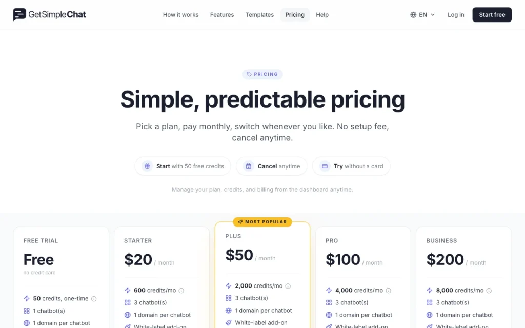 Simple Chat pricing page with plans and prices — screenshot of the chat assistants AI tool, Oct 1, 2026
