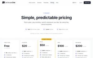 Simple Chat pricing page homepage screenshot, chat assistants AI tool
