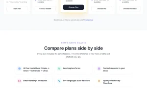 Simple Chat pricing page homepage screenshot, chat assistants AI tool