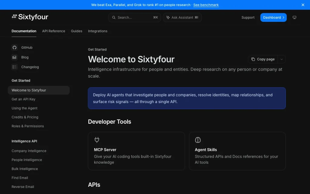 Sixtyfour documentation — screenshot of the research & search AI tool, Oct 1, 2026