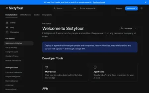 Sixtyfour docs page homepage screenshot, research & search AI tool