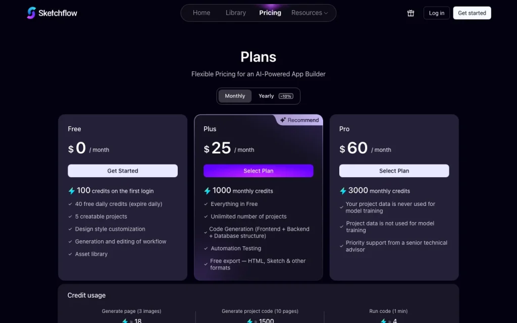 Sketchflow page de tarifs avec offres et prix — capture d'écran de l'outil d'IA programmation, Oct 13, 2026