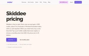 Skiddee pricing page with plans and prices — screenshot of the video AI tool, 2026-10-02