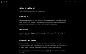 Skills.sh about page — screenshot of the coding AI tool, 2026-10-02