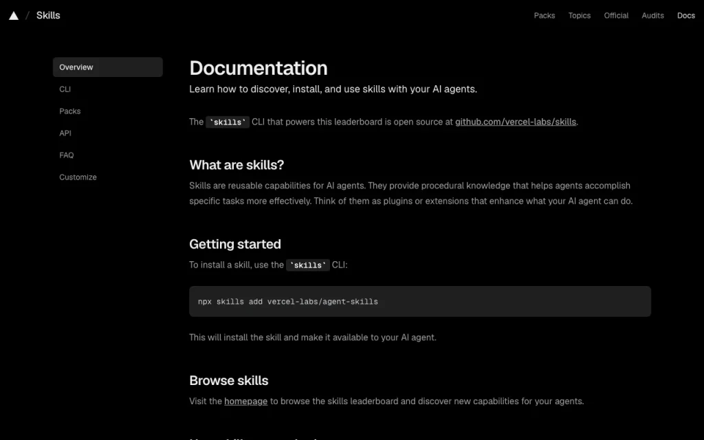 Skills.sh documentation — screenshot of the coding AI tool, Oct 2, 2026