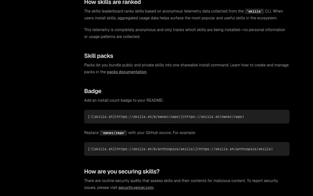Skills.sh documentation — screenshot of the coding AI tool, Oct 2, 2026