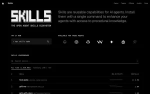 Skills.sh homepage — screenshot of the coding AI tool, 2026-10-02