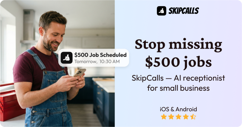 Captura de la página de inicio de SkipCalls, herramienta de IA productividad y escritura