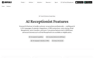 SkipCalls features page — screenshot of the productivity & writing AI tool, 2026-10-02