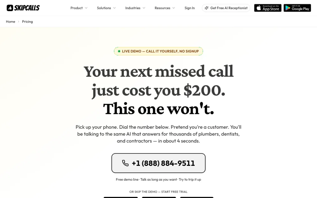 SkipCalls page de tarifs avec offres et prix — capture d'écran de l'outil d'IA productivité et rédaction, Oct 2, 2026