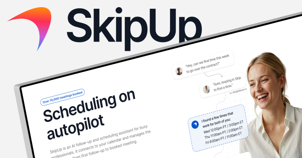 SkipUp Startseite, Screenshot, KI-Tool produktivität & schreiben