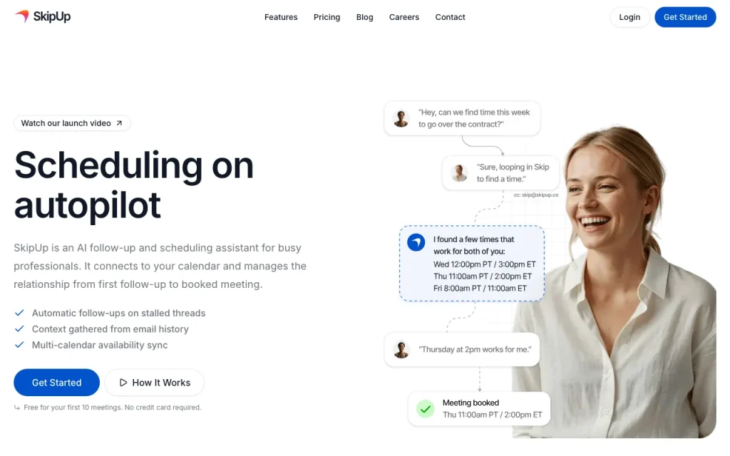 SkipUp homepage — screenshot of the productivity & writing AI tool, Oct 2, 2026