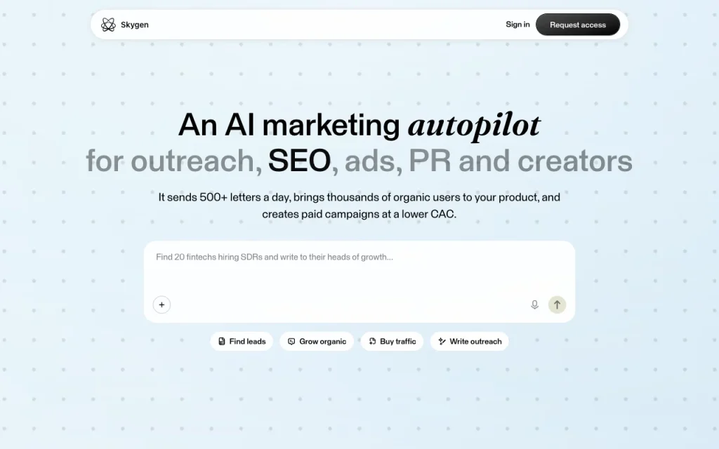 Skygen homepage screenshot, productivity & writing AI tool