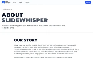 SlideWhisper about page — screenshot of the productivity & writing AI tool, 2026-10-02
