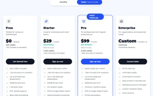SlideWhisper pricing page with plans and prices — screenshot of the productivity & writing AI tool, 2026-10-02
