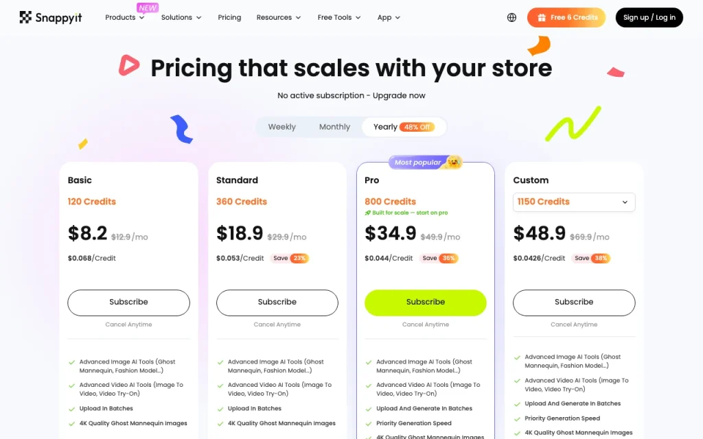 Snappyit page de tarifs avec offres et prix — capture d'écran de l'outil d'IA génération d'images, Oct 2, 2026
