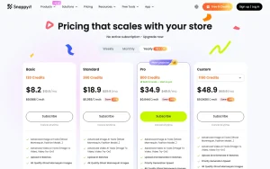 Snappyit pricing page with plans and prices — screenshot of the image generation AI tool, 2026-10-02