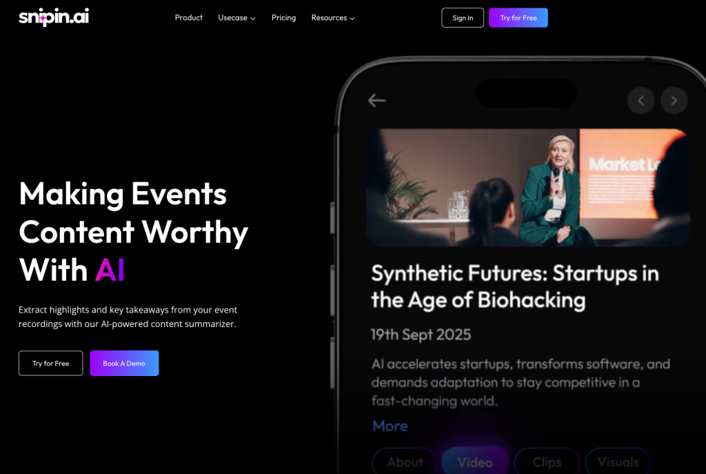 Snipin AI homepage screenshot, video AI tool