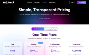 Snipin AI pricing page with plans and prices — screenshot of the video AI tool, 2026-10-02