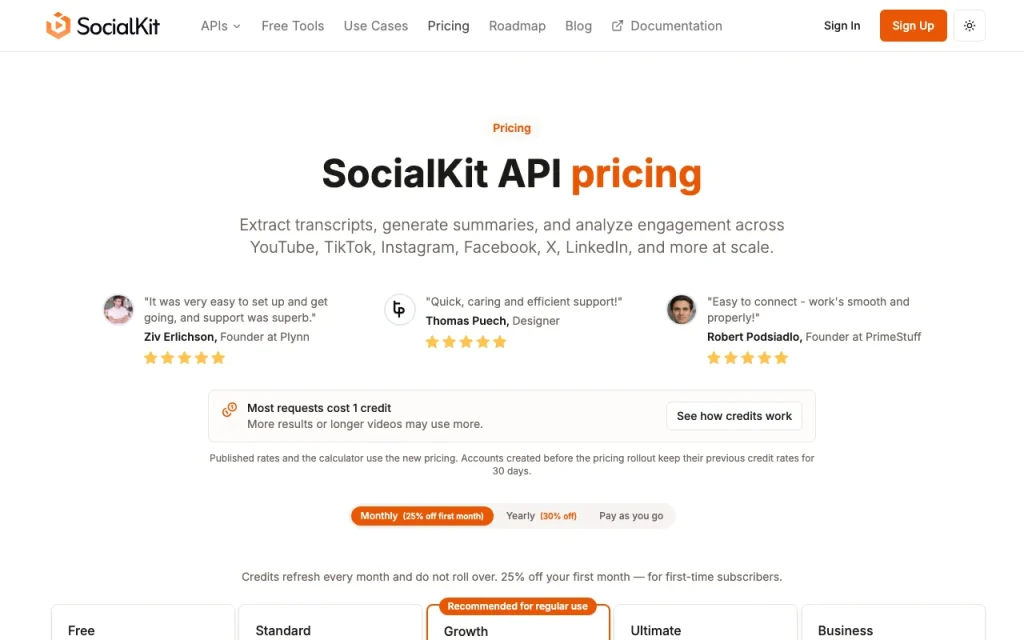 SocialKit página de precios con planes y precios — captura de pantalla de la herramienta de IA programación, Oct 2, 2026