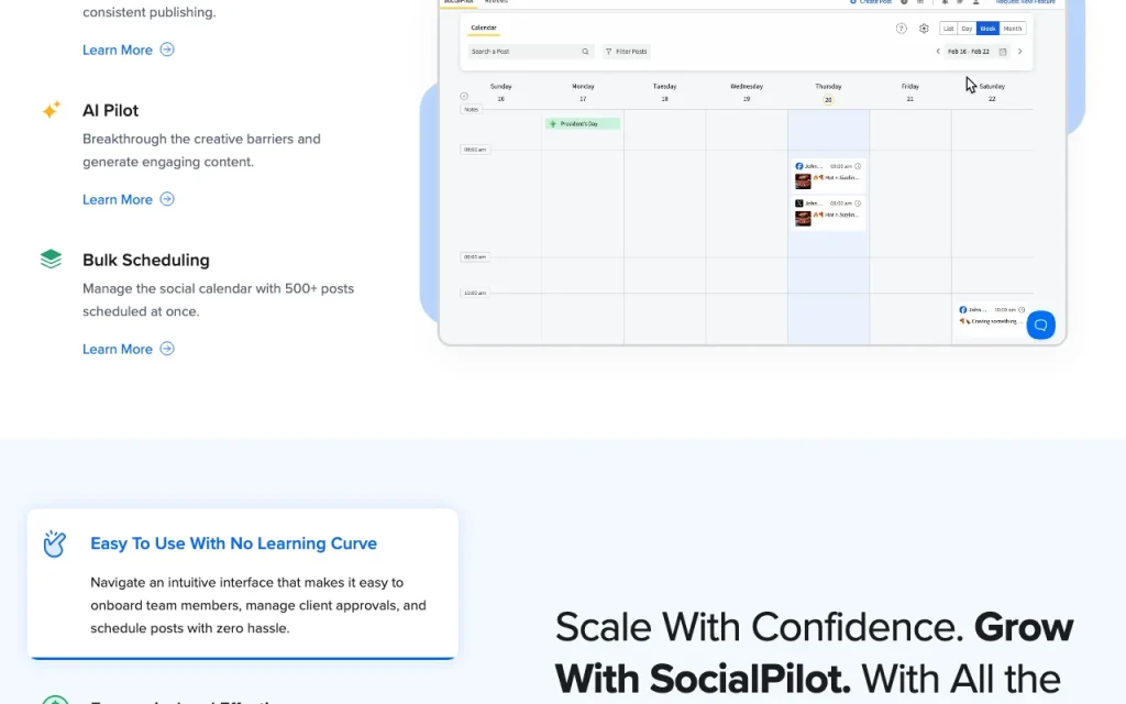 SocialPilot page d'accueil — capture d'écran de l'outil d'IA productivité et rédaction, Oct 1, 2026