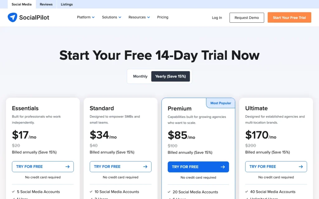SocialPilot pricing page with plans and prices — screenshot of the productivity & writing AI tool, Oct 1, 2026