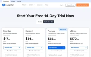 SocialPilot pricing page homepage screenshot, productivity & writing AI tool