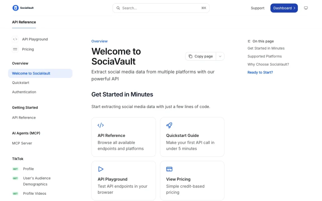SociaVault API documentation — screenshot of the research & search AI tool, Oct 2, 2026