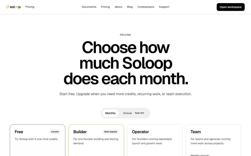 Soloop page de tarifs avec offres et prix — capture d'écran de l'outil d'IA productivité et rédaction, Oct 2, 2026