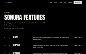 Sonura features page — screenshot of the audio & voice AI tool, 2026-10-02