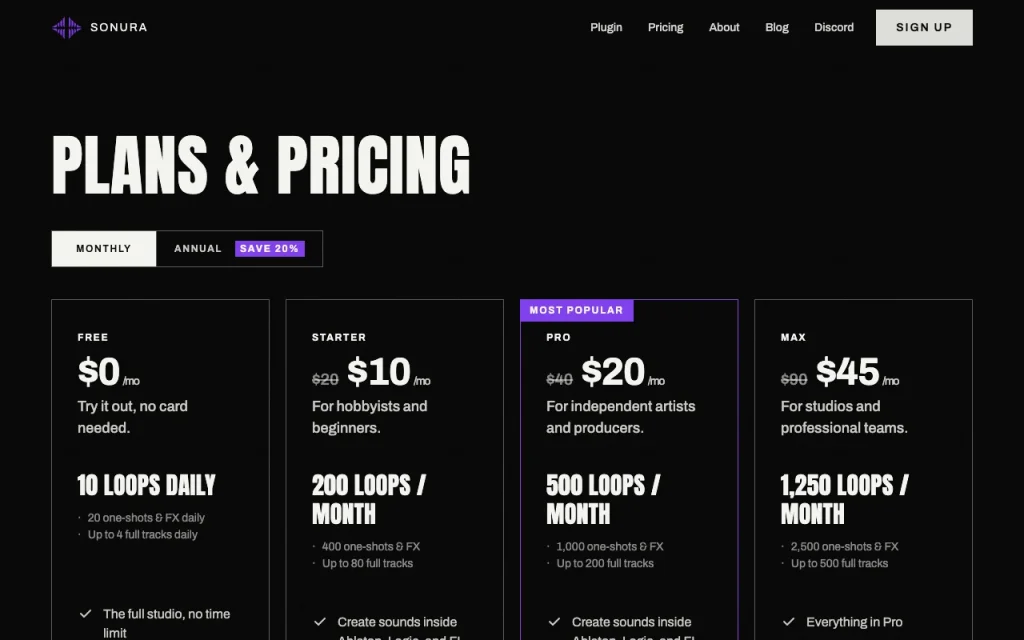 Sonura pricing page with plans and prices — screenshot of the audio & voice AI tool, Oct 2, 2026
