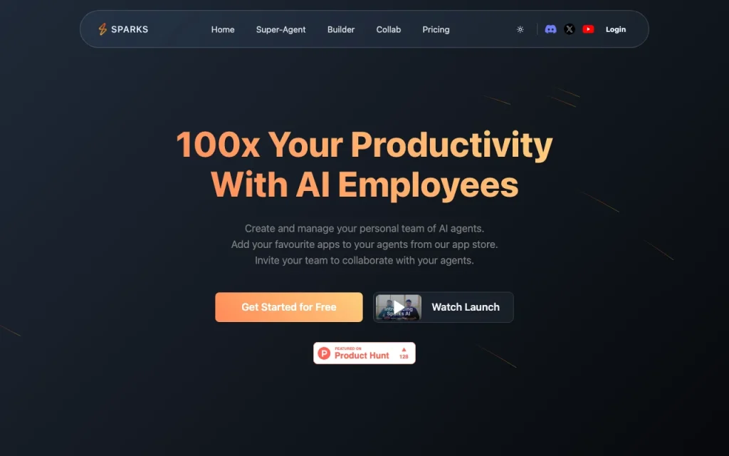 Sparks AI homepage screenshot, chat assistants AI tool