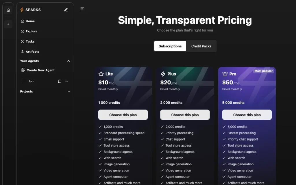 Sparks AI pricing page with plans and prices — screenshot of the chat assistants AI tool, Oct 2, 2026