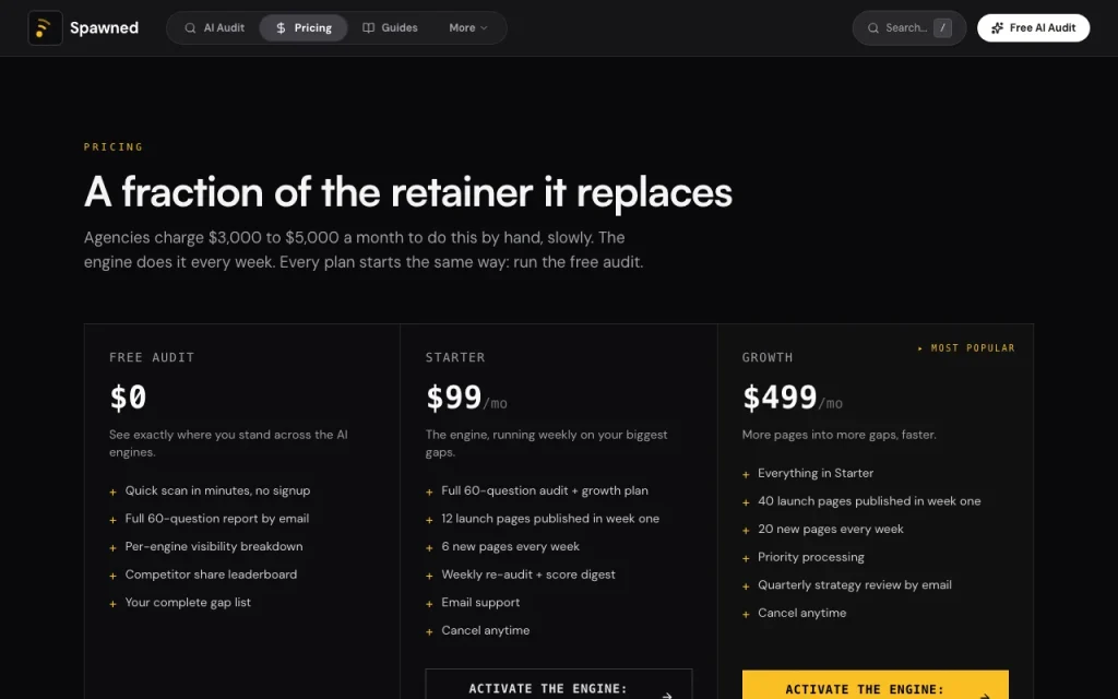 Spawned pricing page with plans and prices — screenshot of the research & search AI tool, Oct 2, 2026