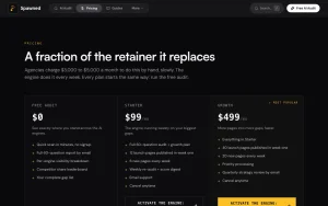 Spawned pricing page with plans and prices — screenshot of the research & search AI tool, 2026-10-02